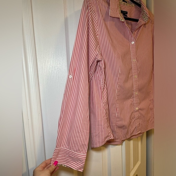 Talbots Stretch - Women's Button Up Shirt Long Sleeve Pink & White Stripe - Picture 6 of 11